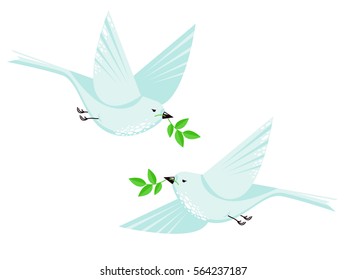 Flying dove bird couple and branch with leaves vector flat style illustration. Minimalistic geometrical shapes design with cute bird, animal illustration. White dove isolated on white. Symbol of peace