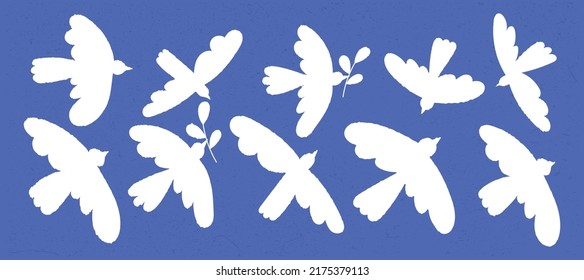 Flying dove bird icon silhouette vector illustration isolated on white background. Set of pigeon shapes with olive branch, peace symbol. Silhouette of flying birds. Hope symbol collection