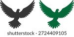 Flying dove bird silhouette with open wings, symbolizing peace, freedom, hope, spirituality and harmony concept in clean flat vector illustration style.