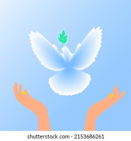 Flying dove. Blue background with bright rays. Easter. The symbol of purity. Christian faith. Holy Spirit. Vector