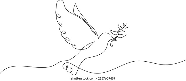 Flying dove with branch symbolizing peace and freedom. Continuous one line drawing. Minimalistic line art.