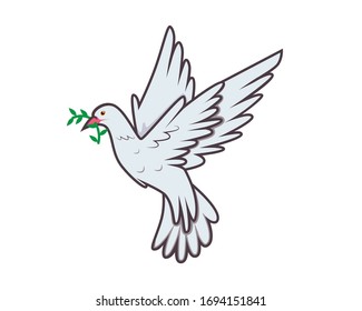 Flying Dove Carrying Green Twig Olive as Peace Symbolization