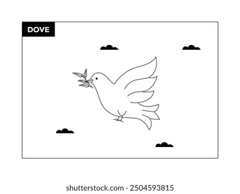 Flying dove carrying small twig, black and white, outline, bird vector illustration.