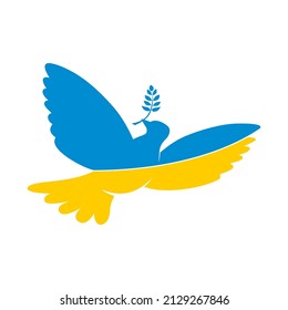 Flying dove in the colors of the national flag of Ukraine holds laurel branch. Peace symbol, no war concept. Vector on transparent background