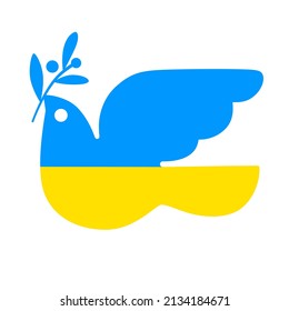 Flying dove in the colors of the national flag of Ukraine holds laurel branch. Peace symbol, no war concept. Isolated vector illustration. 