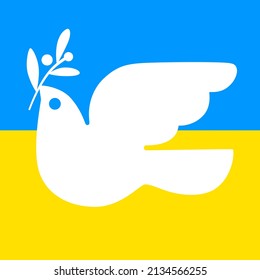 Flying dove in the colors of the national flag of Ukraine holds laurel branch. Peace symbol, no war concept. Isolated vector illustration. 