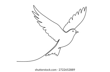 Dibujo de arte de línea continua de paloma voladora con alas abiertas de ancho estilo de diseño mínimo gráfico limpio