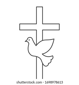 Flying dove and cross concept. Blank silhouette, outline and line art isolated on white background.