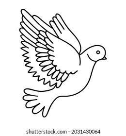 Flying dove with elegant curved wings. For peace or religion concept.  Wedding dove sketch icon. Vector illustration isolated on white.