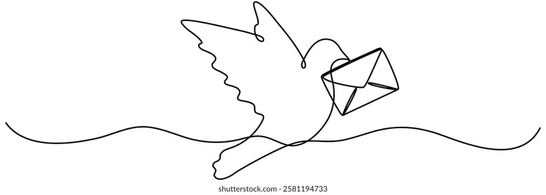 Flying dove with envelope continuous one line drawing. Vector illustration isolated on white.