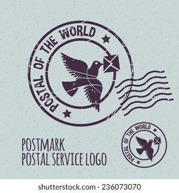 flying dove with envelope, postal postmark template logo. None stroke, cartoon flat style. Vector illustration. 