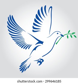 Flying dove with a green twig. Dove Of Peace. Vector illustration.