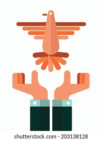 Flying dove with hand. freedom concept. flat design. vector illustration