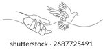 Flying dove from hand of One continuous line drawing. Dove symbol of peace and freedom in simple linear style. Doodle vector illustration