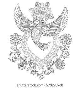 Flying dove with heart and roses. Zentangle stylized cartoon isolated on white background. Hand drawn sketch illustration for adult coloring book. 
