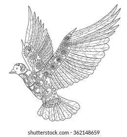 Flying dove with high details. Adult antistress coloring page. Black white hand drawn doodle bird. Sketch for tattoo, poster, print, t-shirt in zentangle style. Layered vector illustration.