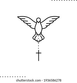 a flying dove holding Christian cross  vector icon in outlines