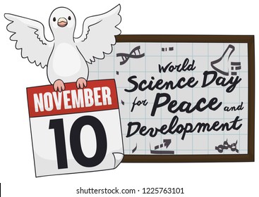 Flying dove holding a loose-leaf calendar with reminder date for World Science Day for Peace and Development in November 10.