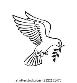 Flying dove holding an olive branch as a sign of peace line art vector icon for apps and websites