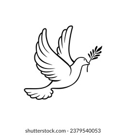 Flying dove holding an olive branch as a sign of peace line art vector icon for apps and websites