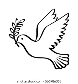 Flying dove holding an olive branch as a sign of peace line art vector icon for apps and websites
