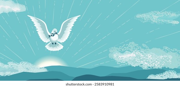 Flying Dove Holy Spirit hand drawn vector illustration. Lent Holy Week, Pentecost, Trinity Sunday concept. Dove with olive branch sacrament biblical symbol. Christian church celebration background