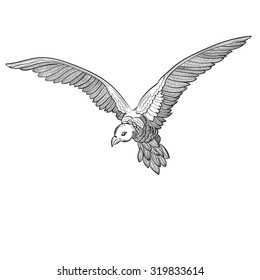 Flying Dove, isolated on white background. Christian symbol of the Holy Spirit. Peace, Faith, Love & Purity symbol. Vintage Vector Element. Tattoo, T-shirt, logotype & textile design. Vector line art.