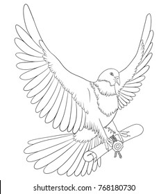 Flying dove isolated on white. Pigeon holds a scroll in paws. The hearth is depicted on the wax seal. It can be used for Valentine festive cards.
