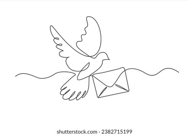 Flying Dove with letter continuous line drawing. One line art of romance, love, feelings, mail, delivery, bird, correspondence.