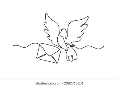 Flying Dove with letter continuous line drawing. One line art of romance, love, feelings, mail, delivery, bird, correspondence.