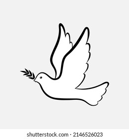 Flying dove logo drawing. Black and white vector illustration.