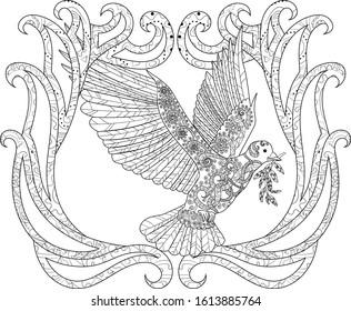 Flying dove with olive branch. Adult antistress coloring page. Black white hand drawn doodle bird. Symbol of the Peace. Sketch for tattoo, poster, print, t-shirt. Vector.