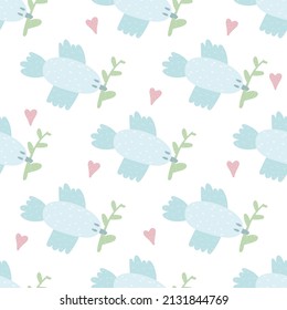 flying dove with olive branch background. cute flat dove of peace seamless pattern. dove with a twig