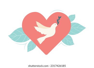 Flying dove with olive branch inside heart. Cartoon bird, symbol of peace and freedom concept