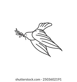 Flying dove with olive branch in  linear style vector illustrations, Pigeon Vector Black and White.