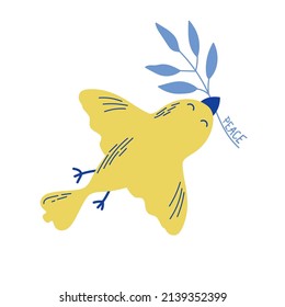 Flying dove with an olive branch and word "Peace". Bird with leaves. Vector illustration drawn in blue and yellow colors. 