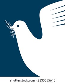 Flying Dove with olive leaf as a symbol of peace. No war sign. Simple silhouette drawing. Vector illustration.
