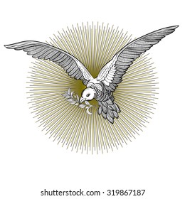 Flying Dove with Olive Twig isolated on white background. Christian symbol of Holy Spirit. Peace, Faith, Love symbol. Vintage Vector Element. Tattoo, T-shirt, logo, textile design. Vector line art.