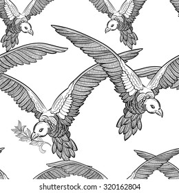 Flying Dove with Olive Twig seamless pattern on white background. Peace, Faith, Love symbol. Cloth & rug design. Black & White vector backdrop. Hand drawn vintage illustration. Boho Style texture.