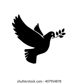 Flying dove with olive twig vector sign