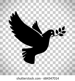 Flying dove with olive twig vector sign isolated on transparent background