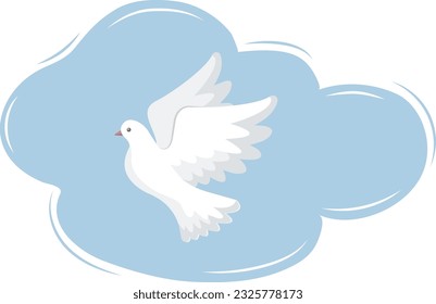 A flying dove on a background of a cloud. A symbol of peace, the holy spirit. Vector graphics