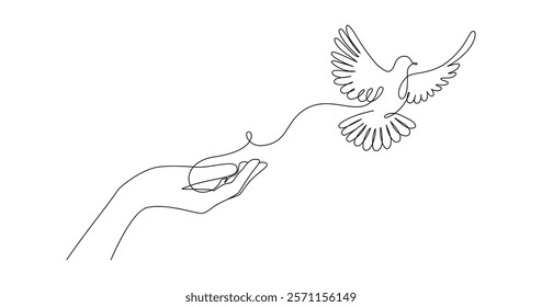 Flying dove from opened hand of One continuous line drawing. Bird symbol of peace and freedom in simple linear style. Concept for wedding invitation icon. Editable stroke. Doodle vector illustration