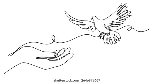 Flying dove from opened hand of One continuous line drawing. Bird symbol of peace and freedom, continuous one single line art doodle drawing of dove or pigeon flying out of child hand illustration.