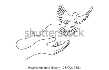 Flying dove from opened hand of One continuous line drawing. Bird symbol of peace and freedom in simple linear style. Concept for wedding invitation icon. Editable stroke. Doodle vector illustration