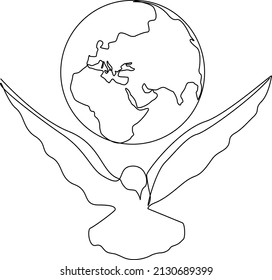 Flying dove for peace concept.  Vector illustrate. International peace with doves. One line illustration. 