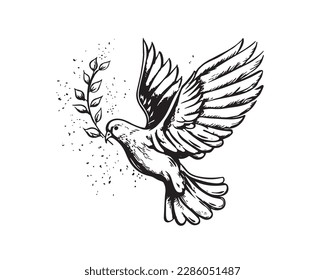 Flying dove of peace with an olive twig, hand drawn Illustration, vector.