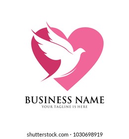 flying dove pigeon inside heart shape vector logo design symbol of peace and humanity