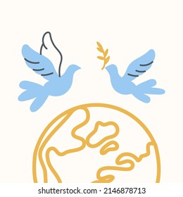 Flying dove and planet earth. Minimalistic illustration for International Day of Peace. Vector