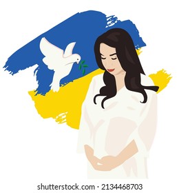 Flying dove and pregnant woman in the colors of the national flag of Ukraine and laurel branch. Peace symbol, no war concept.